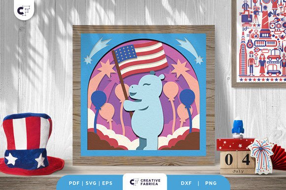 Celebrate Independence Day with a Unique Patriotic Hippopotamus 3D Shadow Box SVG